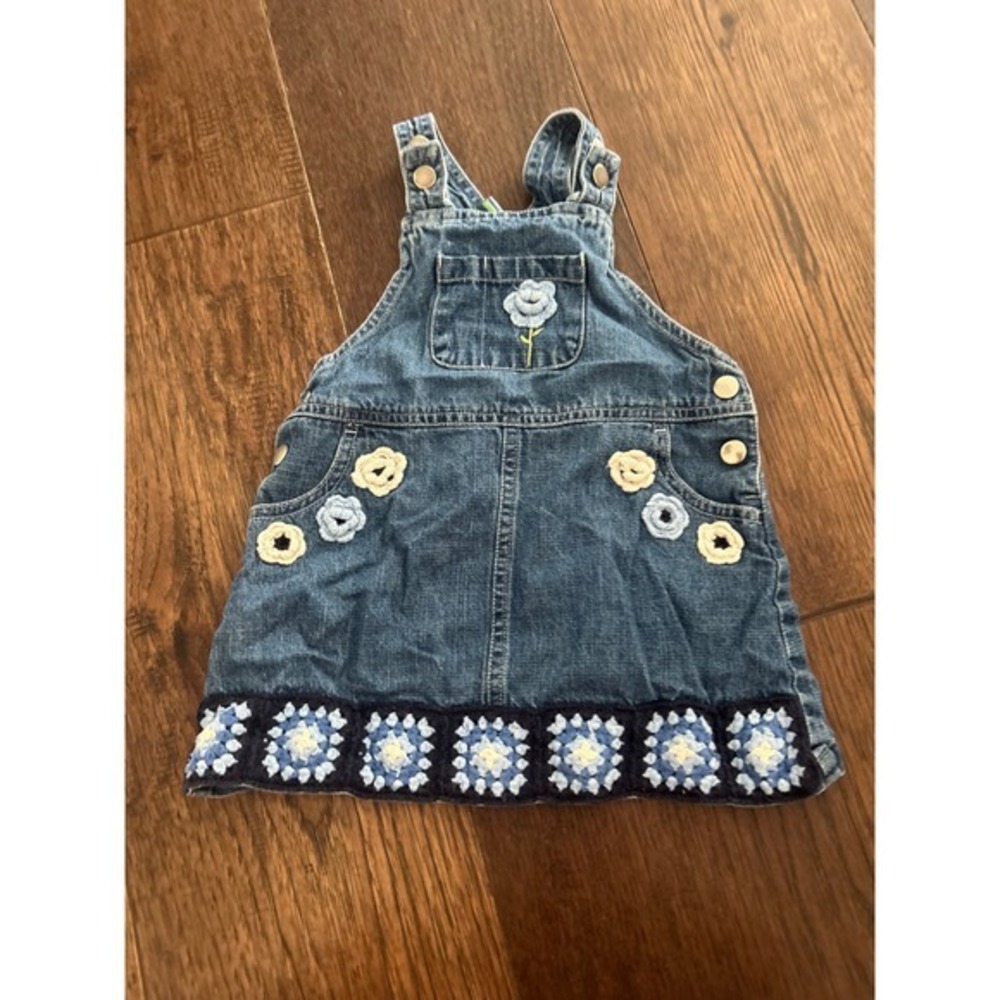 No Kidding Denim Overall Dress 2T Blue Crochet Flower Granny Square Boho Jumper